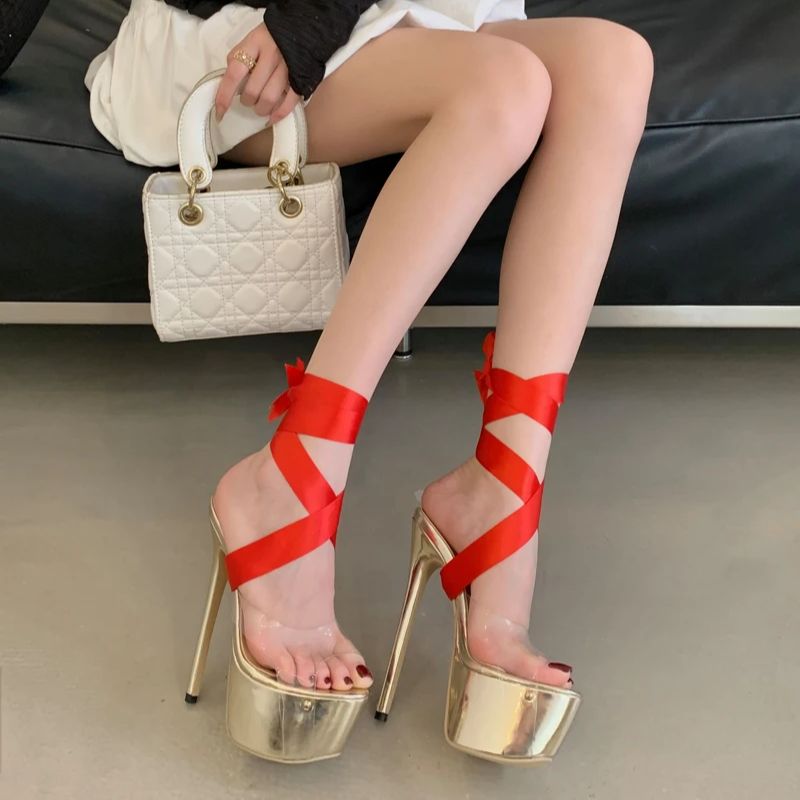 16cm ouro saltos stiletto chin - Sandal Strappy Heeled avaliação e preço
